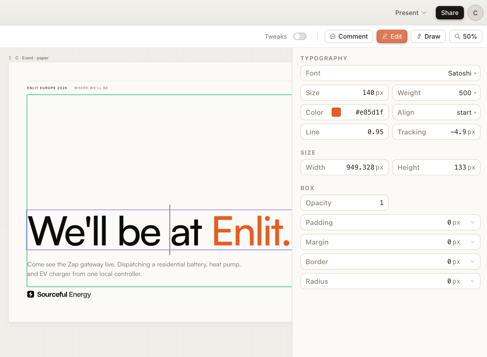 A Sourceful event artboard in Claude Design with the typography inspector panel open
