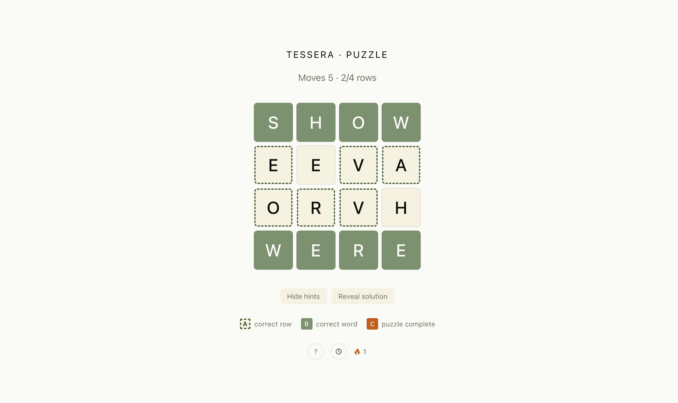 A Tessera puzzle in mid-solve, with green outlines marking tiles whose letter belongs in their current row.